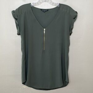 EXPRESS Top Green Silky V Neck Exposed Gold Zipper Extended Shoulder Popover XS